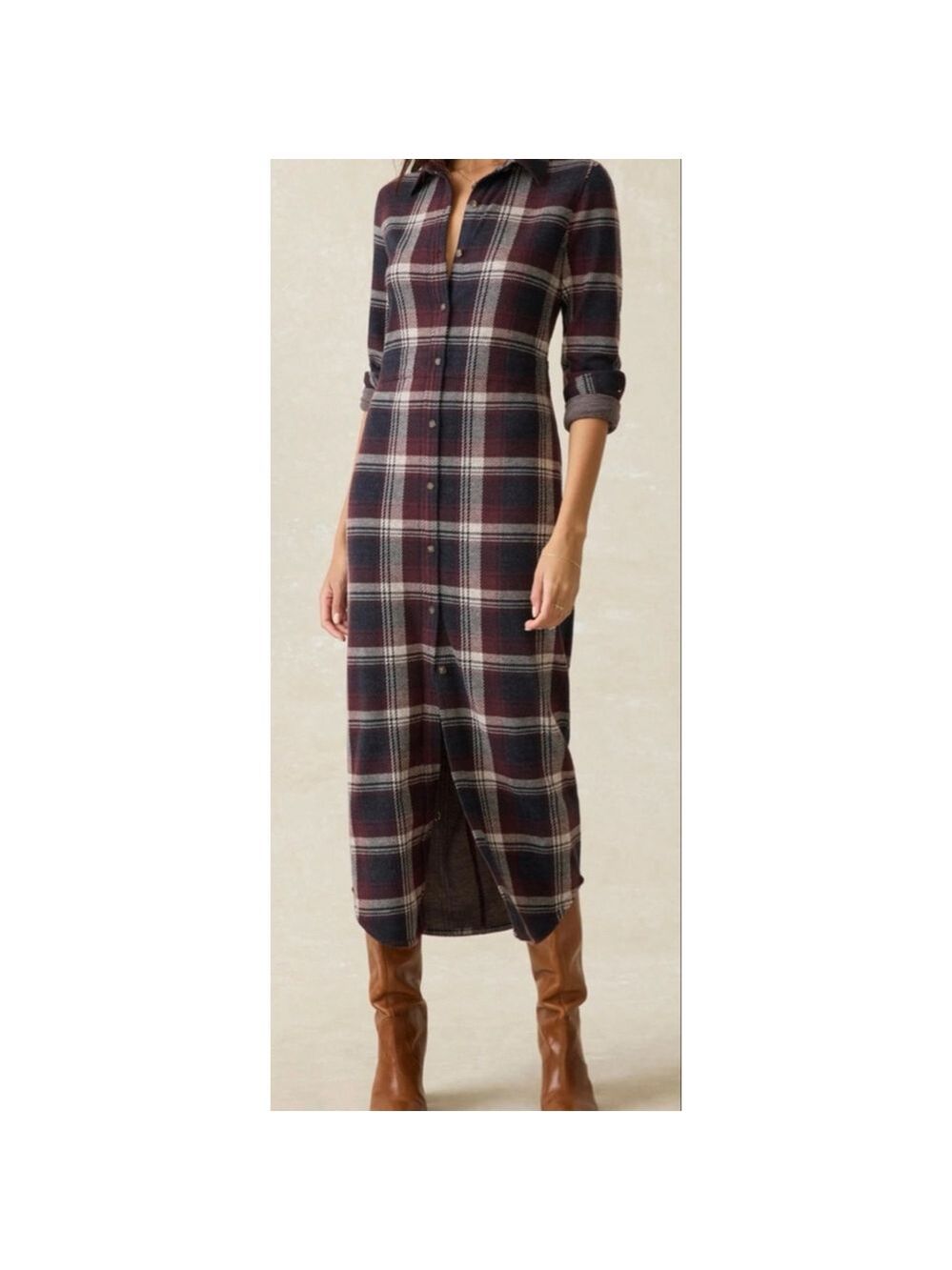 NWOT Faherty Brand S Plaid Legend Sweater Maxi Dress in Burgundy and Navy M